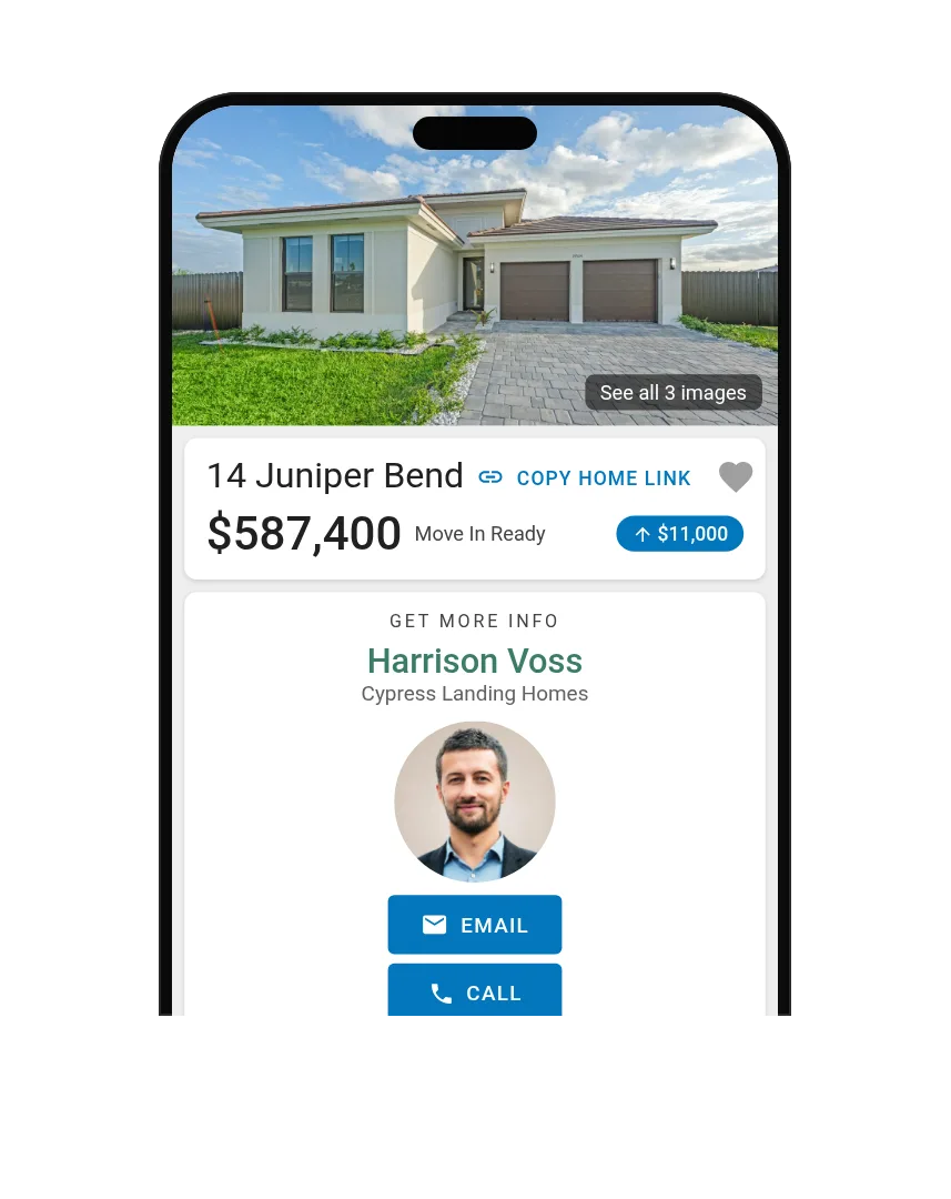 Phone showing a home on the rep’s Personal Link, with the rep’s name, photo and Email and Call buttons