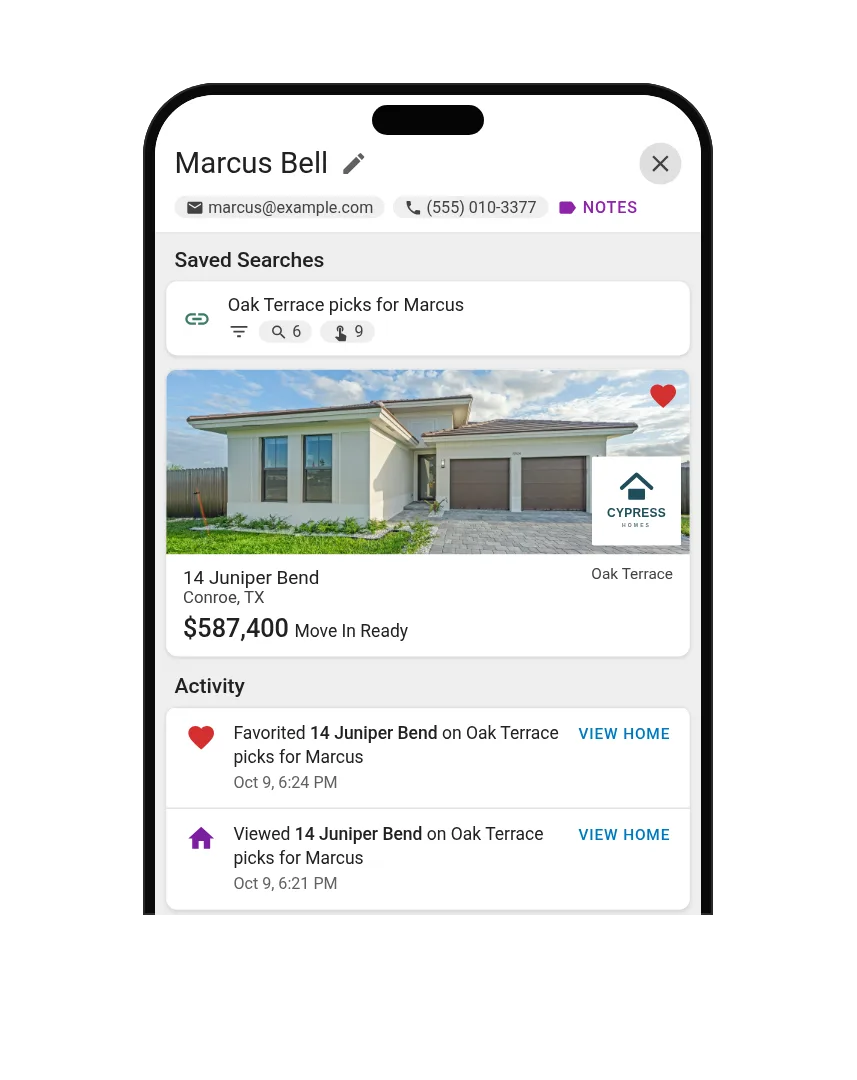 Phone showing a buyer’s details: their Client Search, a favorited home and recent activity