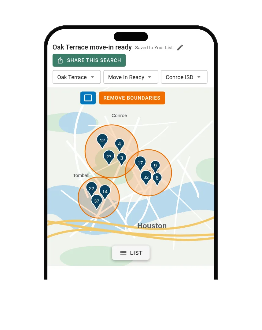Phone showing a Lead Gen Search being built on the map, with drawn boundaries and community, move-in ready and school district filters